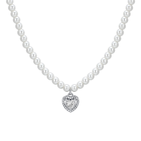 COLLANA LUCA BARRA CK2008 ACCIAIO BIANCO DONNA COLLANA DONNA IN ACCIAIO PERLE E CUORE ZIRCONE BIANCO