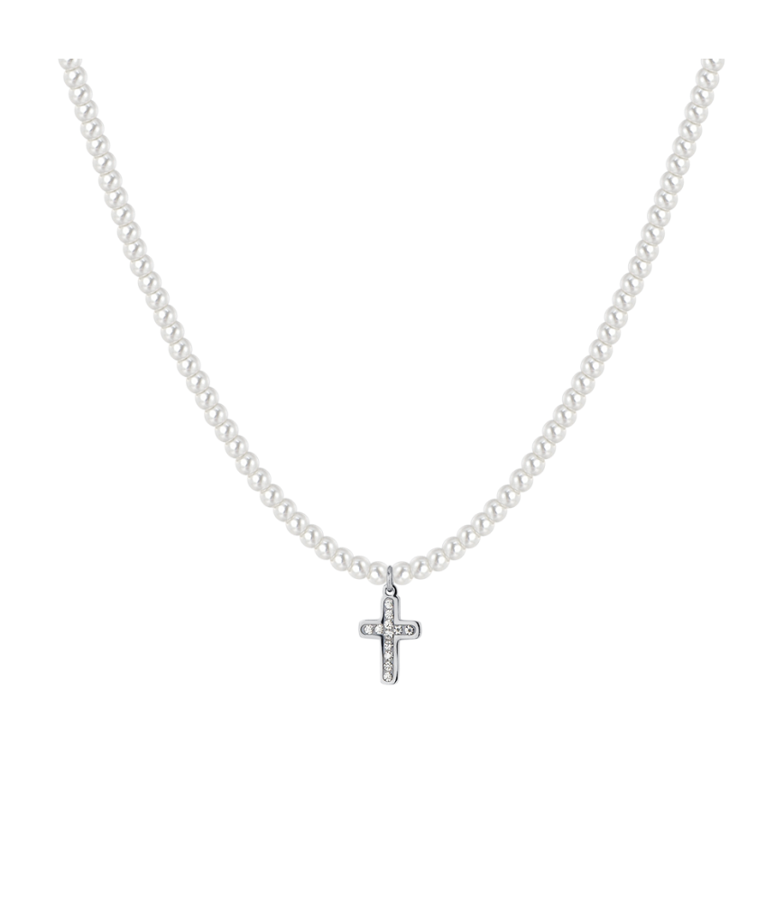 COLLANA LUCA BARRA CK2034 ACCIAIO BIANCO DONNA COLLANA DONNA IN ACCIAIO PERLE E CROCE