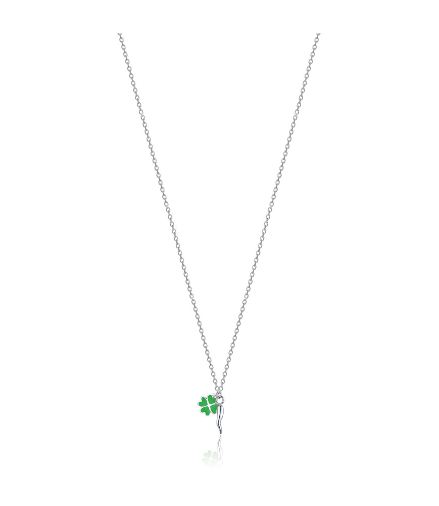 COLLANA LUCA BARRA JC108 ACCIAIO BIANCO UNISEX COLLANA CON CORNO E QUADRIFOGLIO SMALTATO VERDE