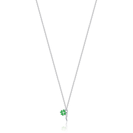 COLLANA LUCA BARRA JC108 ACCIAIO BIANCO UNISEX COLLANA CON CORNO E QUADRIFOGLIO SMALTATO VERDE