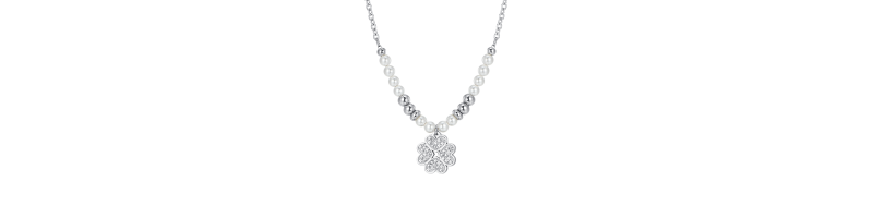 COLLANA LUCA BARRA CK1998 ACCIAIO BIANCO DONNA COLLANA DONNA IN ACCIAIO CON PERLE E QUADRIFOGLIO