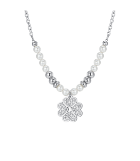 COLLANA LUCA BARRA CK1998 ACCIAIO BIANCO DONNA COLLANA DONNA IN ACCIAIO CON PERLE E QUADRIFOGLIO
