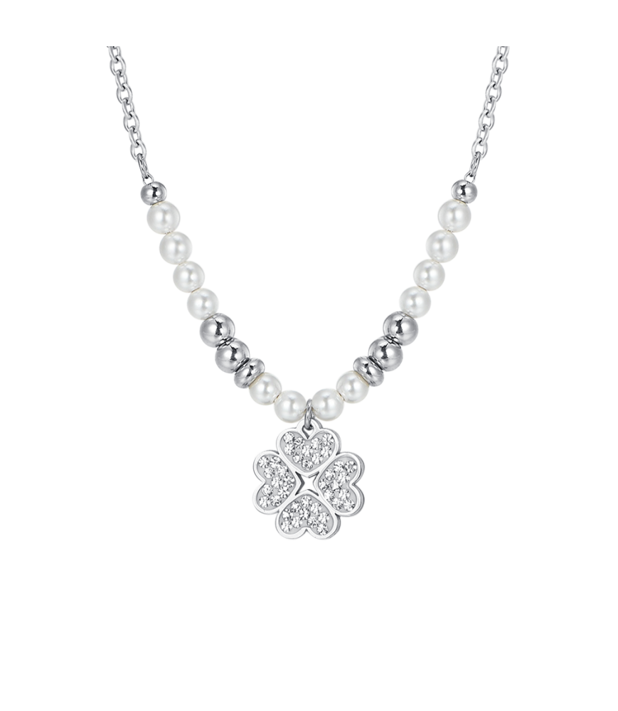 COLLANA LUCA BARRA CK1998 ACCIAIO BIANCO DONNA COLLANA DONNA IN ACCIAIO CON PERLE E QUADRIFOGLIO