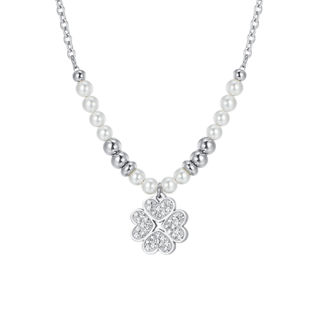COLLANA LUCA BARRA CK1998 ACCIAIO BIANCO DONNA COLLANA DONNA IN ACCIAIO CON PERLE E QUADRIFOGLIO
