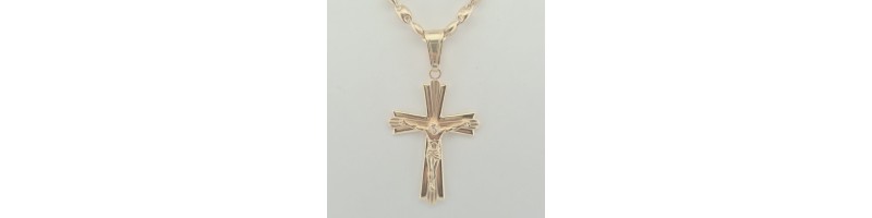 Catena Onais marinara e pendente croce classica rigata con Gesu' argento giallo