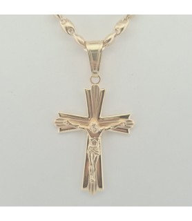 Catena Onais marinara e pendente croce classica rigata con Gesu' argento giallo