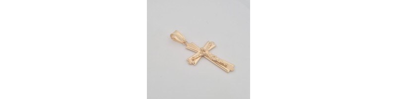 Catena Onais marinara e pendente croce classica rigata con Gesu' argento giallo