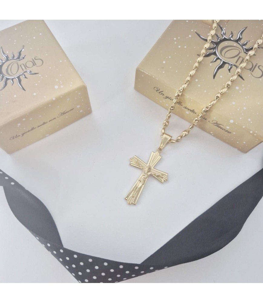 Catena Onais marinara e pendente croce classica rigata con Gesu' argento giallo