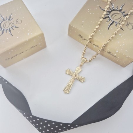 Catena Onais marinara e pendente croce classica rigata con Gesu' argento giallo